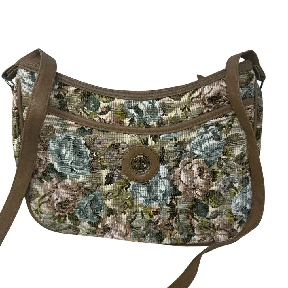 One East Carpet Bag Purse Tapestry Green Pink Canvas Med Zip Close Faux Leather